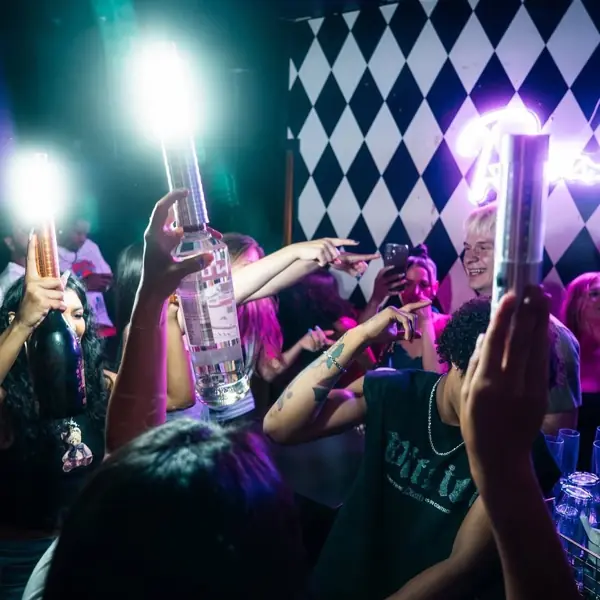 Bottles with sparklers held above the crowd
